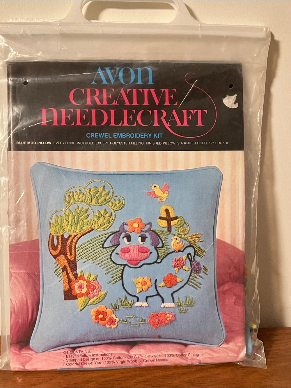 Crewel embroidery kit - pillow for kids room blue cow - vintage